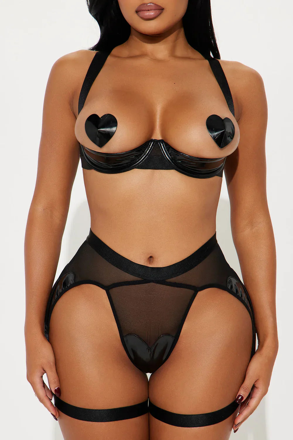 Linked To You Vinyl Open Cup 2-Piece Garter Set – Black